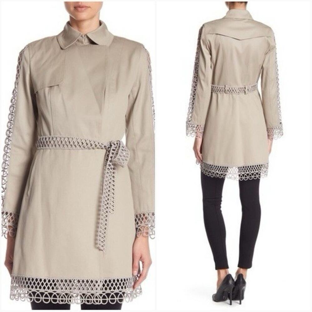 Elie Tahari Taglia Scallop Lace Tan Beige Trench Coat XS